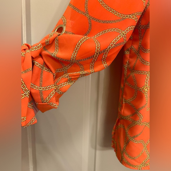 MICHAEL KORS ZINNIA Orange Gold Chain Print Blouse size M - Picture 6 of 12
